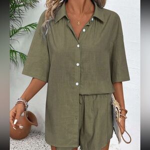 NWOT SIZE L Olive Green Button-Up Shirt and Shorts Set